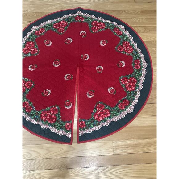 Vintage Christmas tree skirt handmade quilted lace trim Poinsettia gold rose 59" - Picture 7 of 7